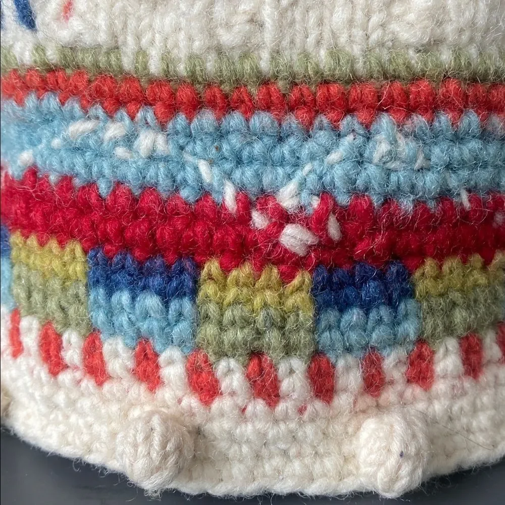 Newari Icelandic Design Cream Knit Pom Pom Beanie OS Colorful Boho Cottage